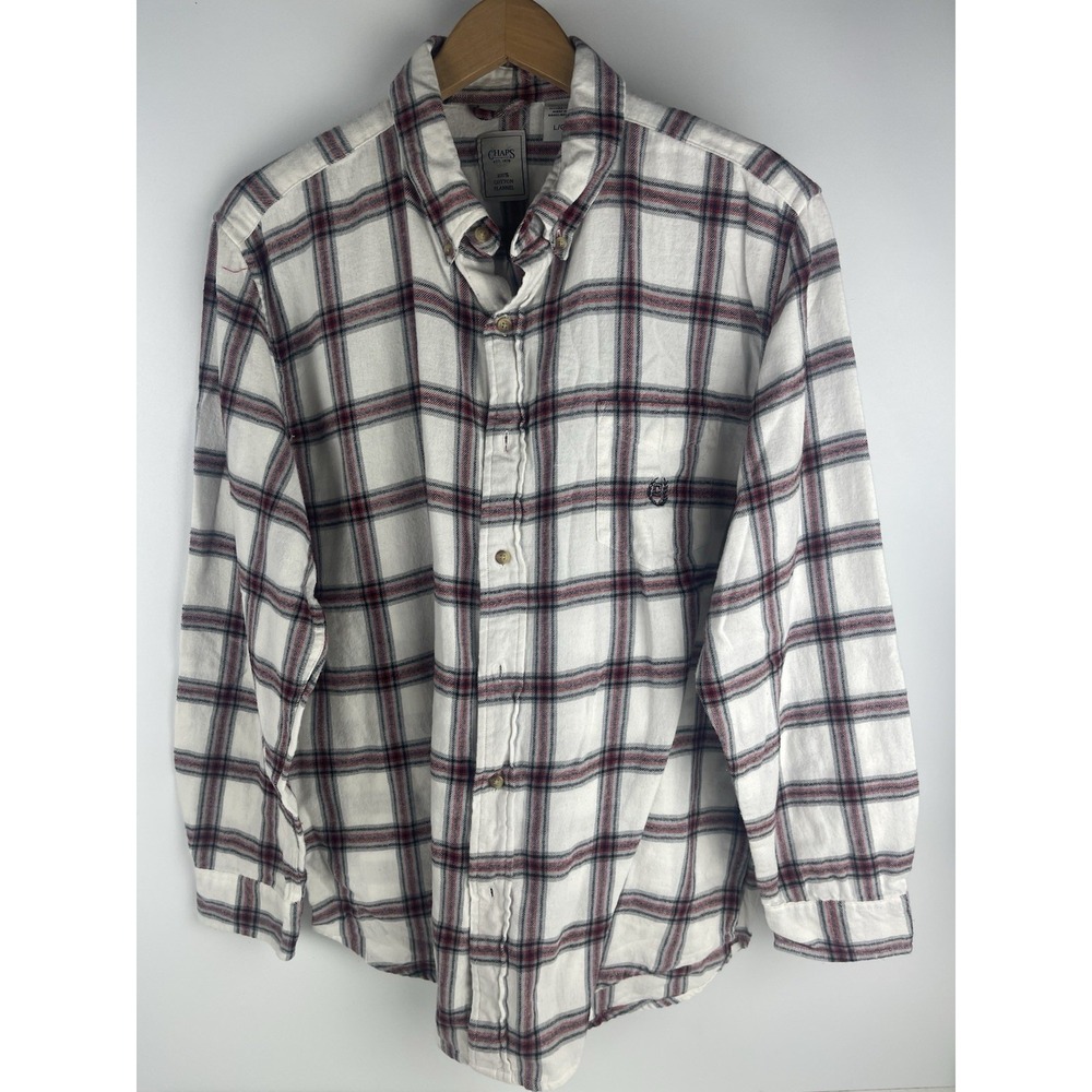 Chaps Shirt Men's Size L White And Red 100% Cotton Long Sleeve Button Up Plaid - Picture 1 of 7